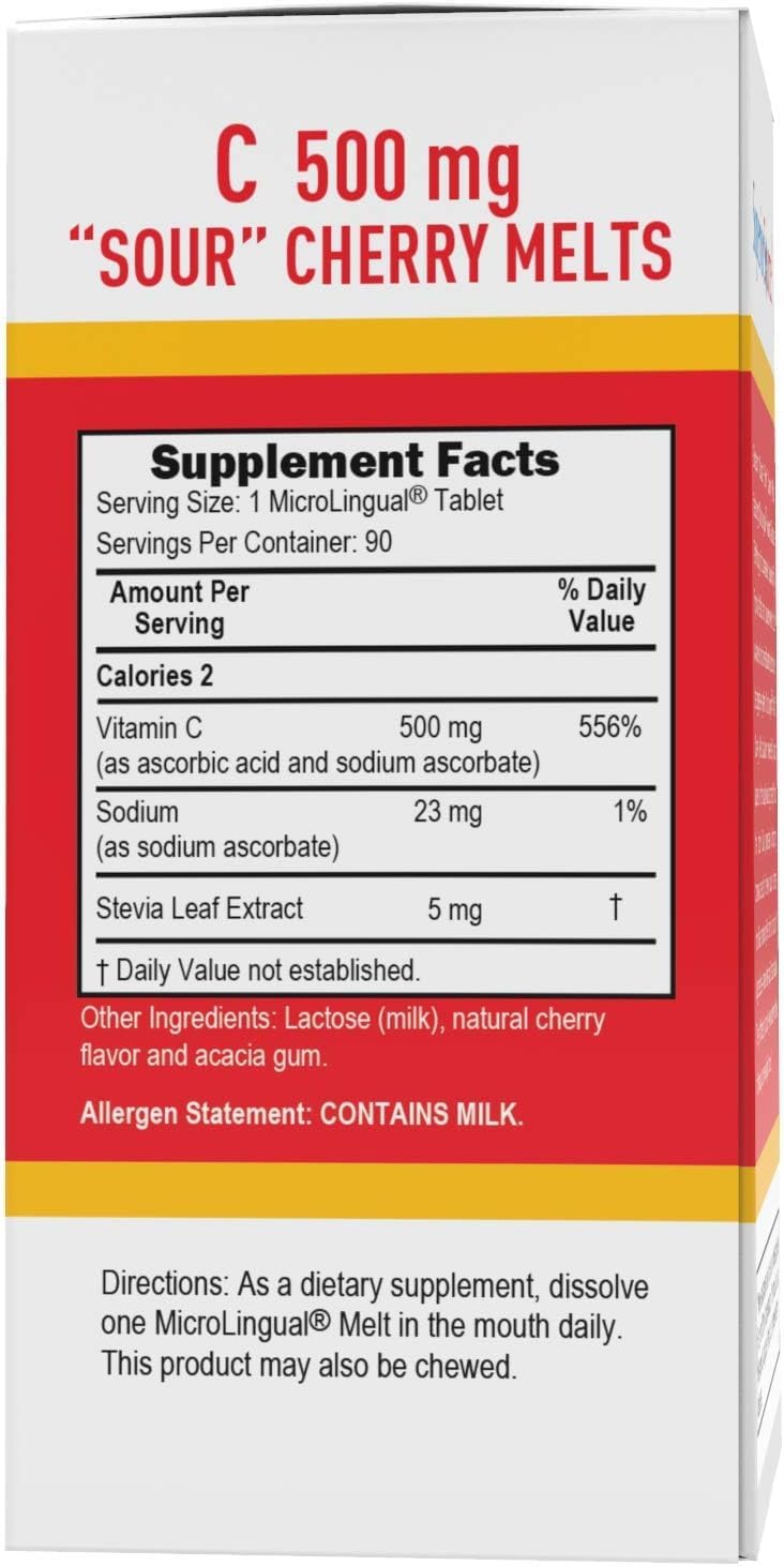 Buffered Vitamin C Sour Cherry Melts - 500 mg MicroLingual Tablets for Immune System Boost - Energy Vitamins - 90 Count