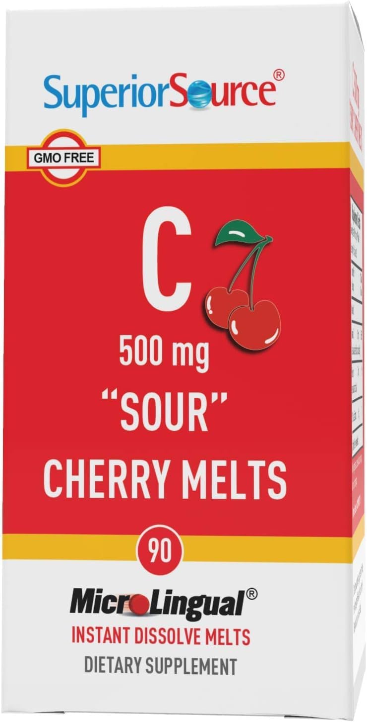 Buffered Vitamin C Sour Cherry Melts - 500 mg MicroLingual Tablets for Immune System Boost - Energy Vitamins - 90 Count
