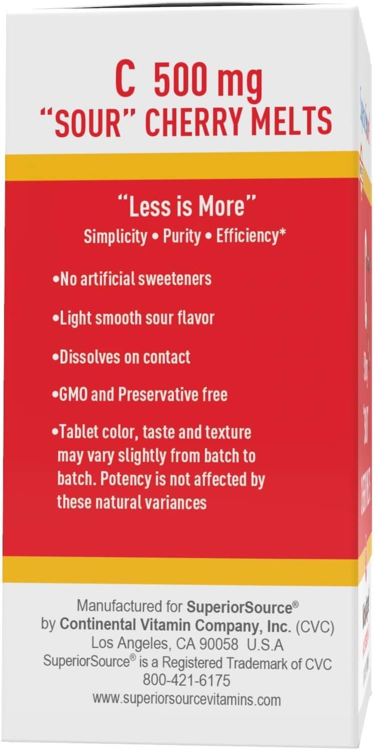 Buffered Vitamin C Sour Cherry Melts - 500 mg MicroLingual Tablets for Immune System Boost - Energy Vitamins - 90 Count
