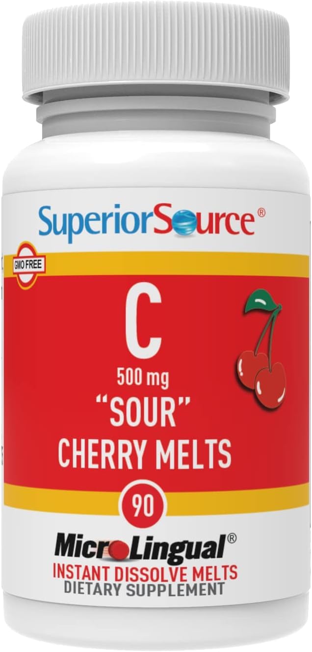Buffered Vitamin C Sour Cherry Melts - 500 mg MicroLingual Tablets for Immune System Boost - Energy Vitamins - 90 Count