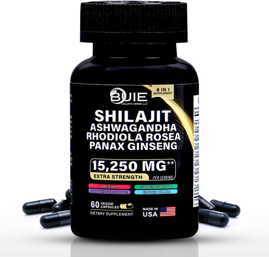 BUIE Extra Strength Shilajit Supplement with Ashwagandha, Rhodiola Rosea, Panax Ginseng - 15,250mg - 60 Capsules - Made in USA