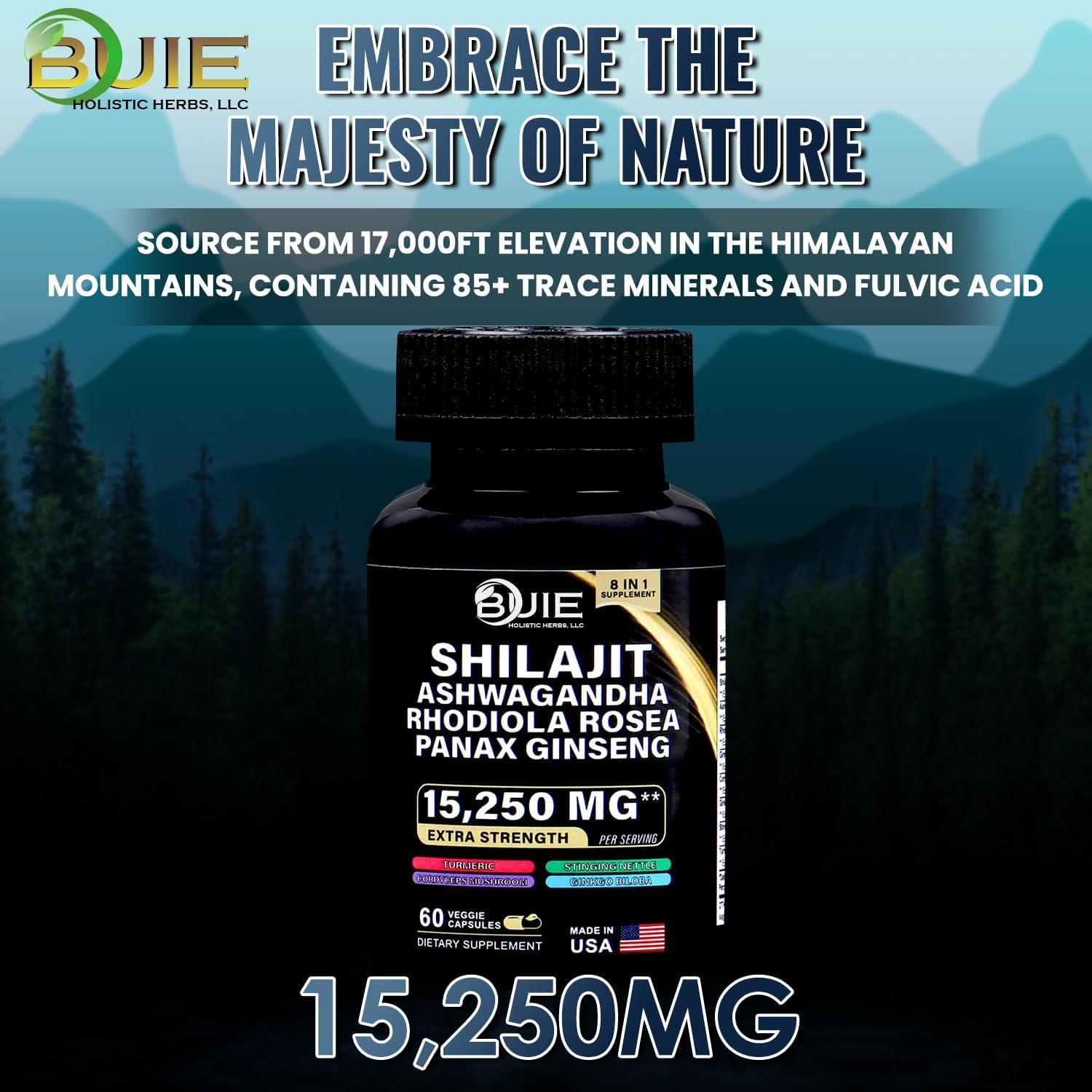 BUIE Extra Strength Shilajit Supplement with Ashwagandha, Rhodiola Rosea, Panax Ginseng - 15,250mg - 60 Capsules - Made in USA