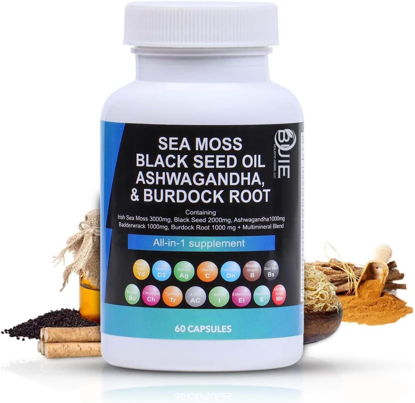 Buie Holistic Herbs Sea Moss Capsules - 60 Capsules Multi Mineral Blend with Irish Sea Moss, Black Seed, Ashwagandha, Burdock Root, and Bladderwrack for Nutritional Benefits