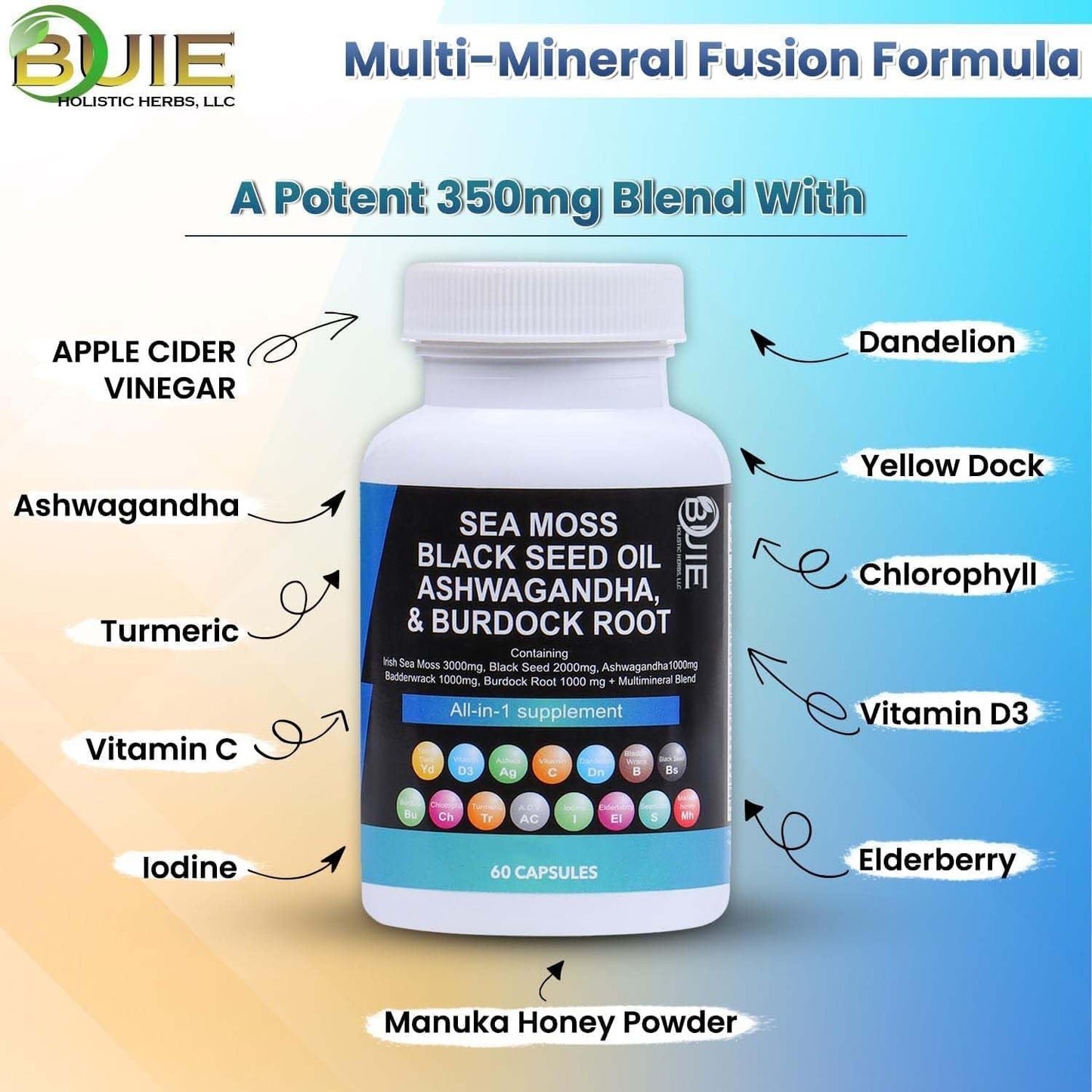 Buie Holistic Herbs Sea Moss Capsules - 60 Capsules Multi Mineral Blend with Irish Sea Moss, Black Seed, Ashwagandha, Burdock Root, and Bladderwrack for Nutritional Benefits