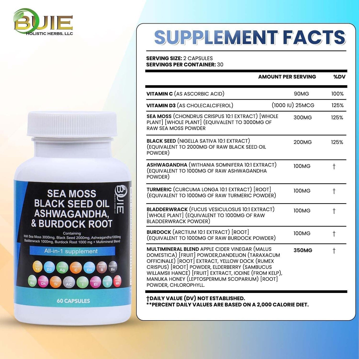 Buie Holistic Herbs Sea Moss Capsules - 60 Capsules Multi Mineral Blend with Irish Sea Moss, Black Seed, Ashwagandha, Burdock Root, and Bladderwrack for Nutritional Benefits