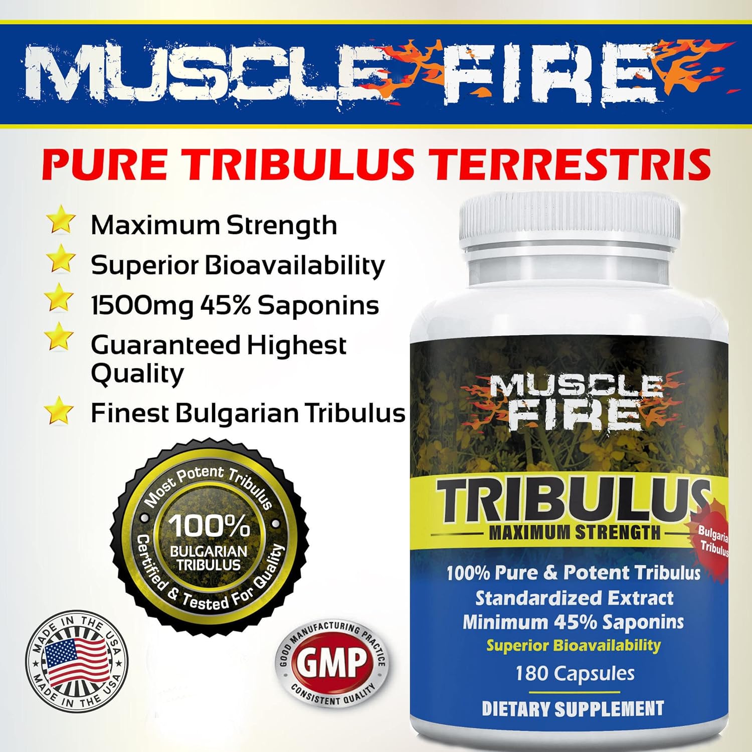 Bulgarian Tribulus Terrestris Herbal Nutrition Supplement, 1500mg with 45% Saponins and Lecithin for Enhanced Absorption - 180 Capsules