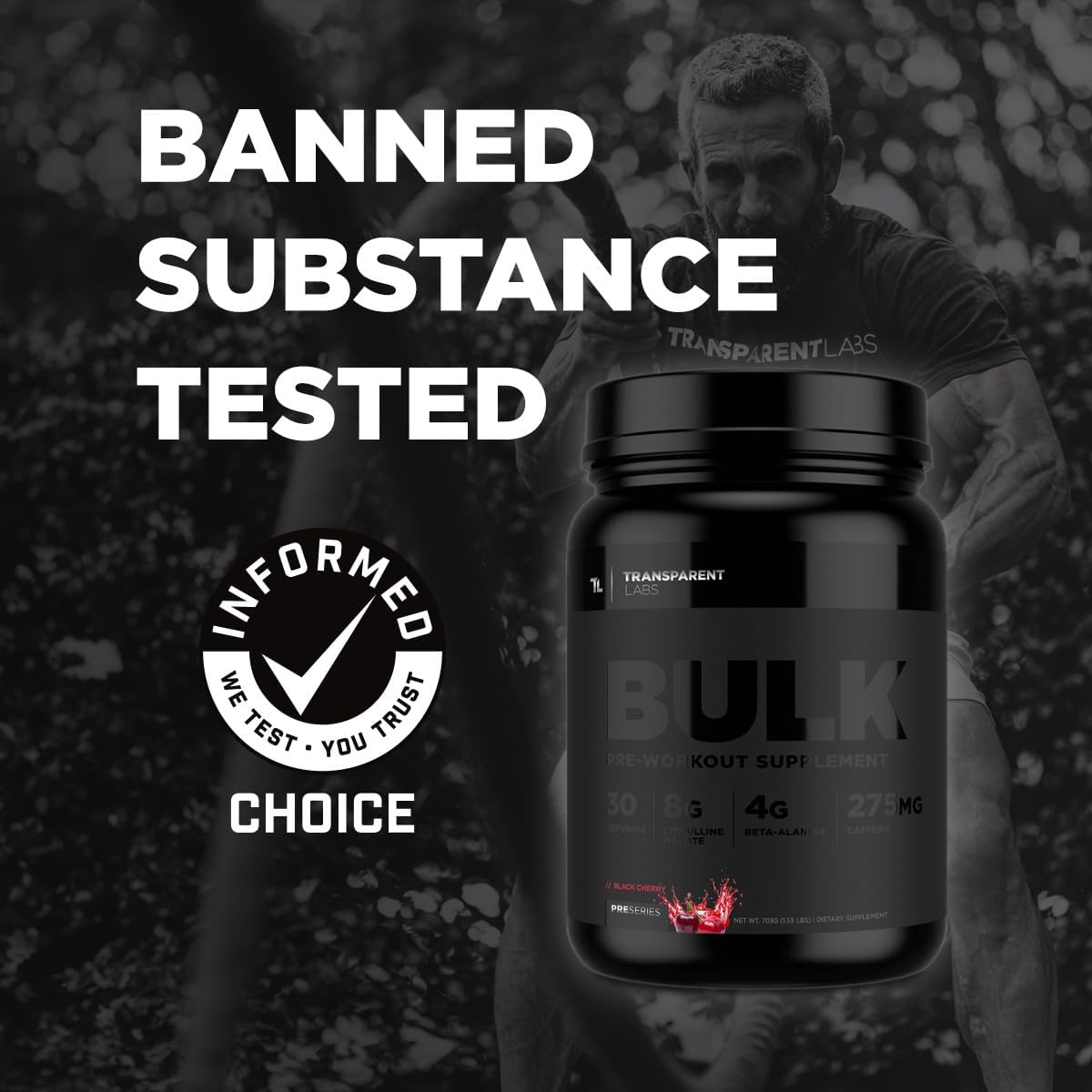 Bulk Black Pre Workout by Transparent Labs: Clinically Dosed Sugar Free Preworkout for Men and Women - 30 Servings, Black Cherry Flavor