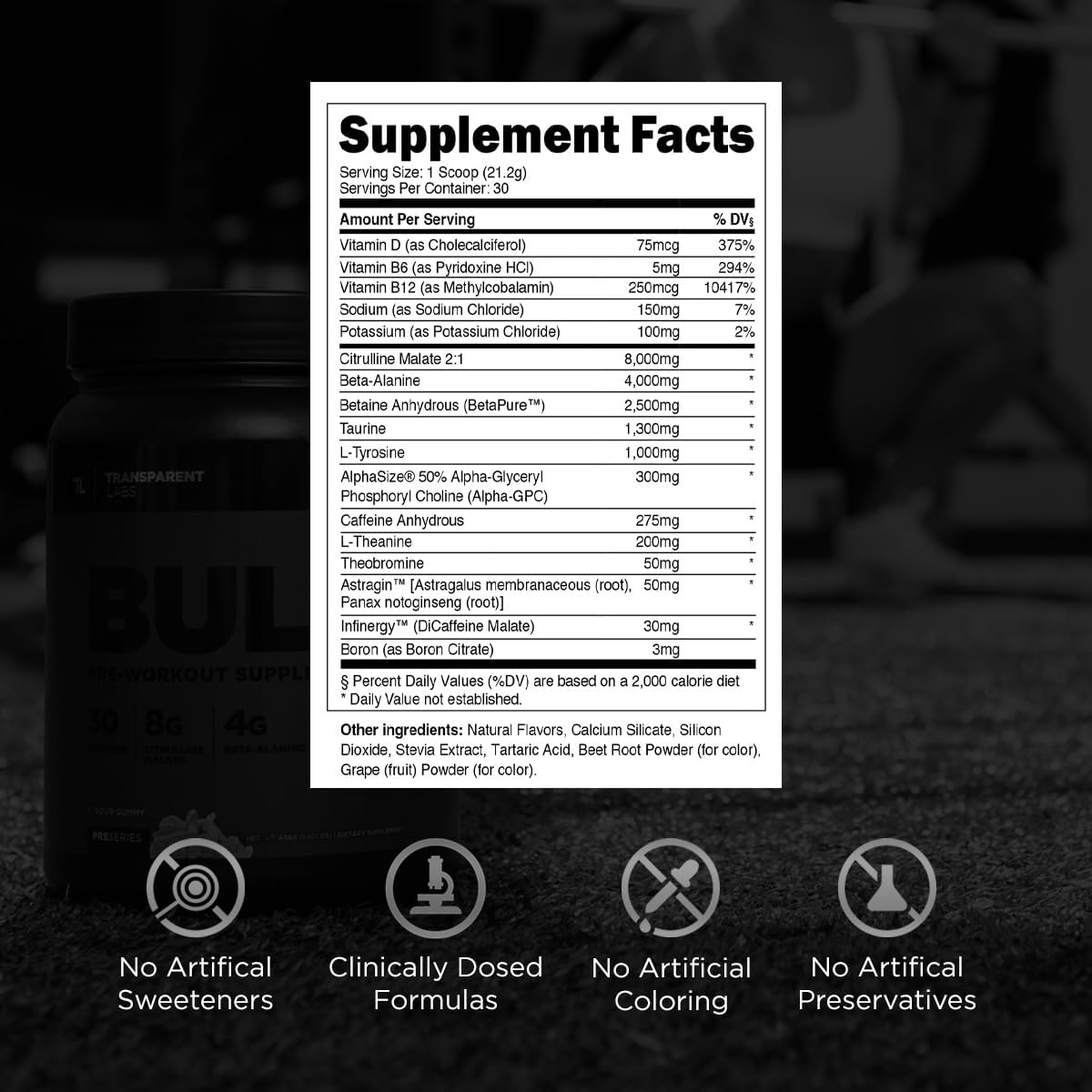 Bulk Black Pre Workout by Transparent Labs: Clinically Dosed Sugar Free Preworkout for Men and Women - 30 Servings, Black Cherry Flavor