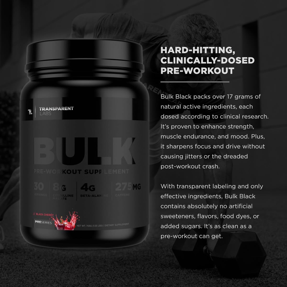 Bulk Black Pre Workout by Transparent Labs: Clinically Dosed Sugar Free Preworkout for Men and Women - 30 Servings, Black Cherry Flavor