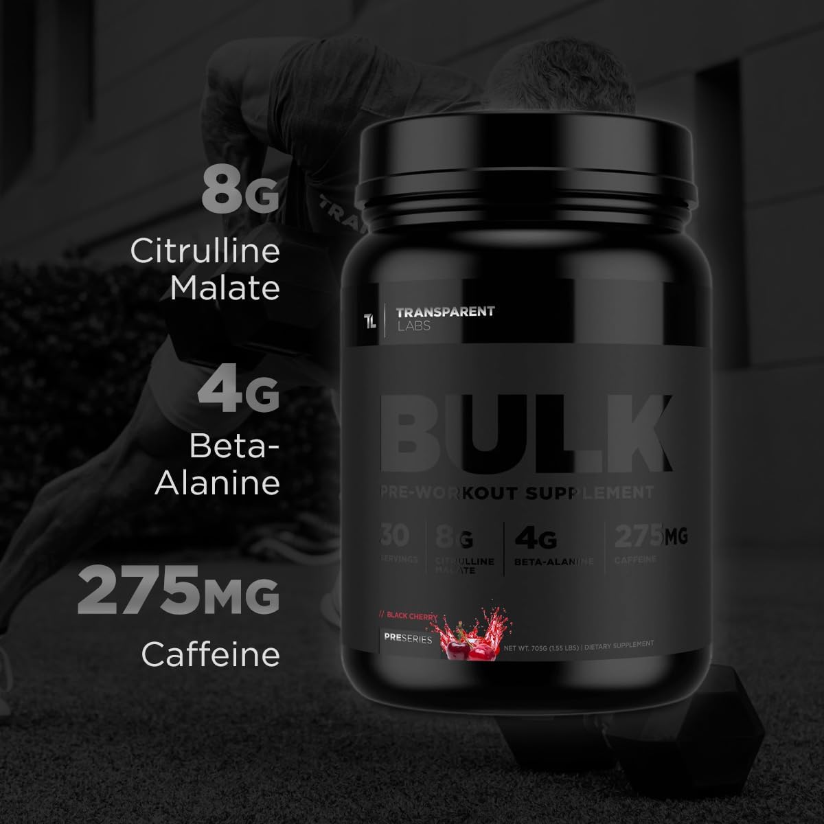 Bulk Black Pre Workout by Transparent Labs: Clinically Dosed Sugar Free Preworkout for Men and Women - 30 Servings, Black Cherry Flavor
