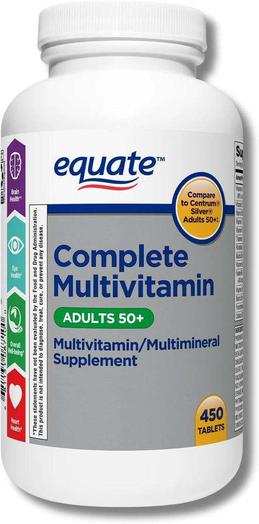 Bulk Equate Adult 50+ One Daily Multivitamin Supplement, 450 Tablets - Comparable to Centrum Silver - Promotes Brain Health - Pack of 10