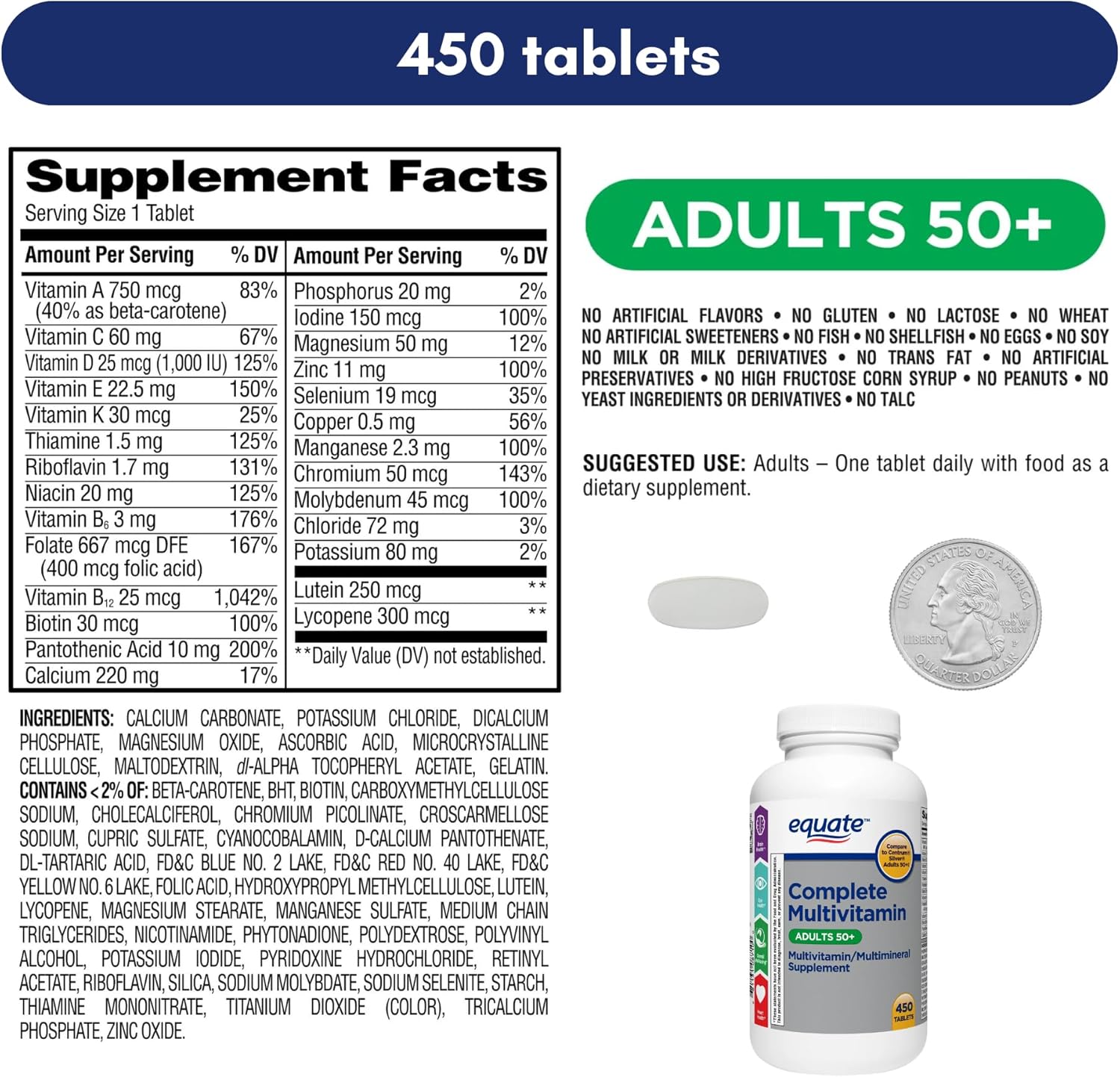 Bulk Equate Adult 50+ One Daily Multivitamin Supplement, 450 Tablets - Comparable to Centrum Silver - Promotes Brain Health - Pack of 10