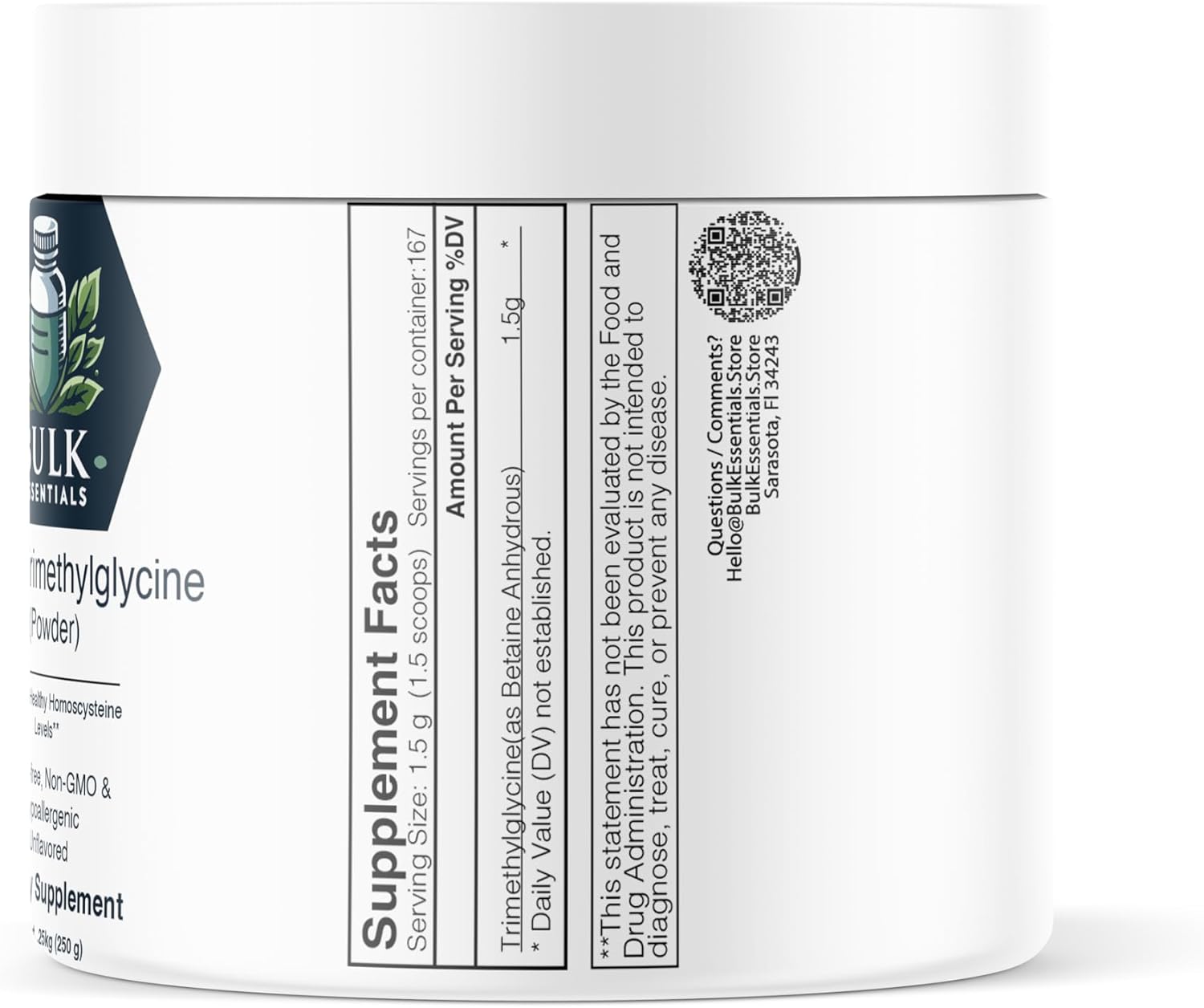 Bulk Essentials TMG Powder - Betaine Anhydrous Supplement - Gluten Free - 1500mg per Serving - 250g