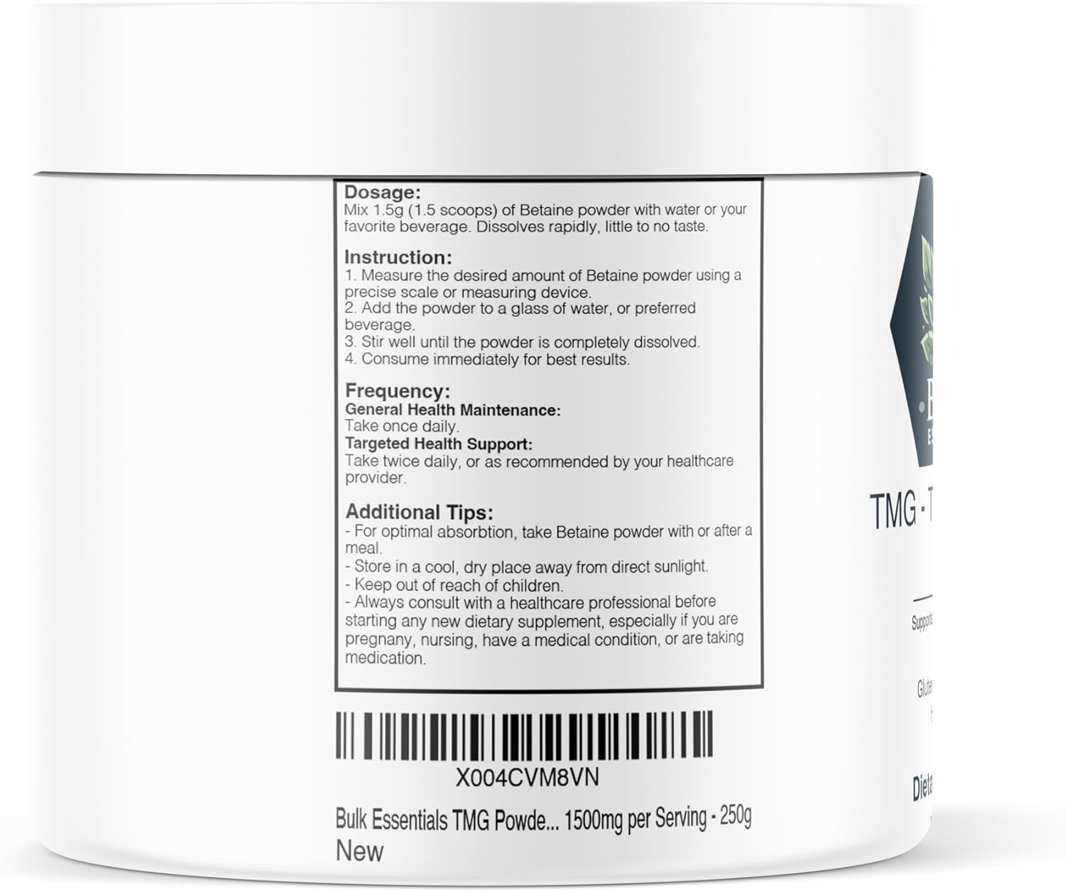 Bulk Essentials TMG Powder - Betaine Anhydrous Supplement - Gluten Free - 1500mg per Serving - 250g
