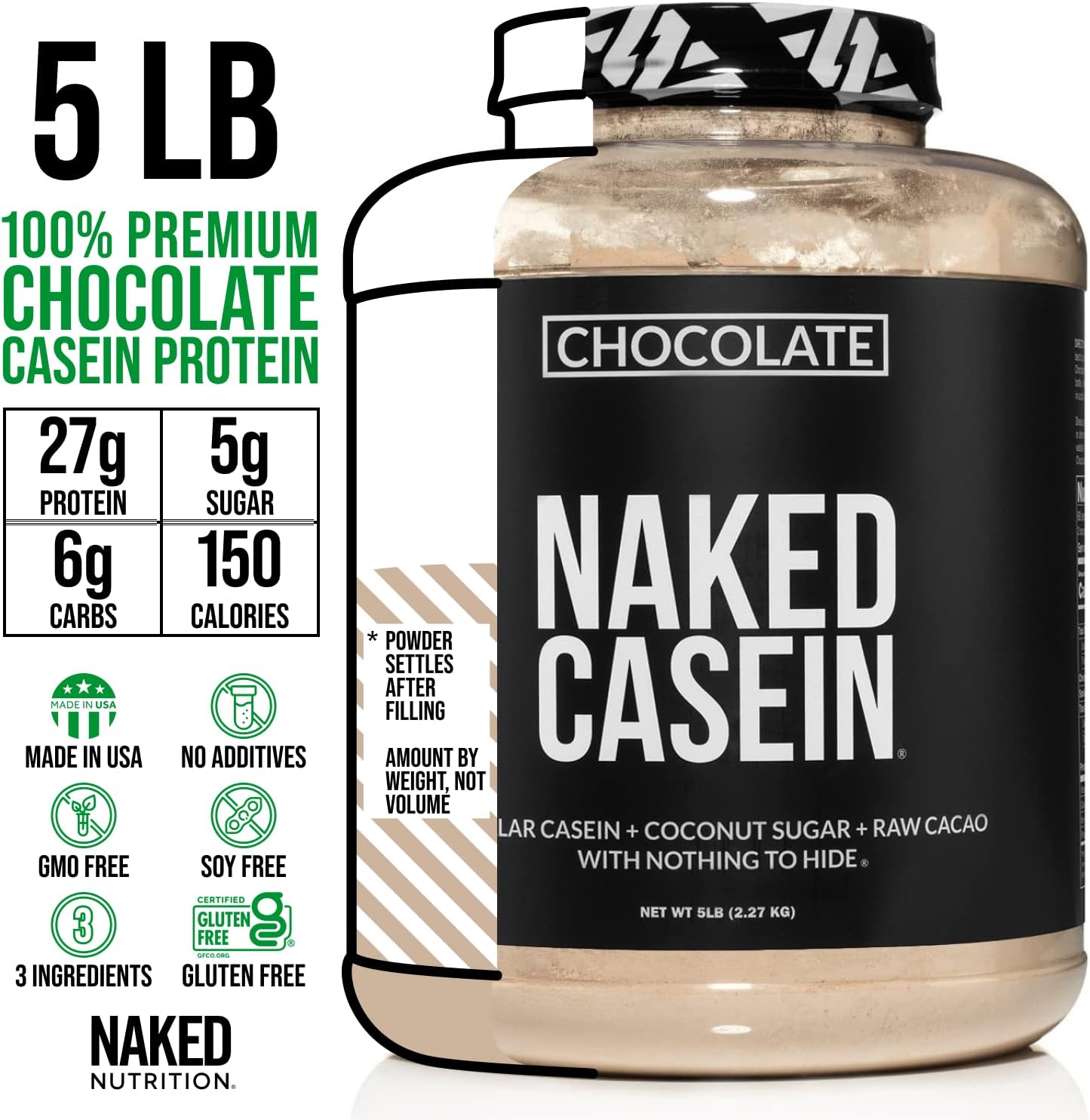Bulk Naked Chocolate Casein Protein Powder - 5lb Micellar Casein for Muscle Growth & Recovery - GMO, Gluten, Soy, Preservative-Free - 60 Servings