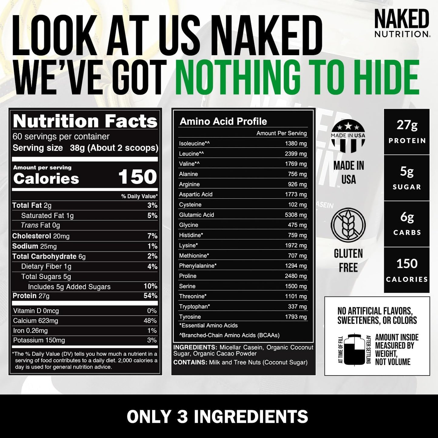 Bulk Naked Chocolate Casein Protein Powder - 5lb Micellar Casein for Muscle Growth & Recovery - GMO, Gluten, Soy, Preservative-Free - 60 Servings