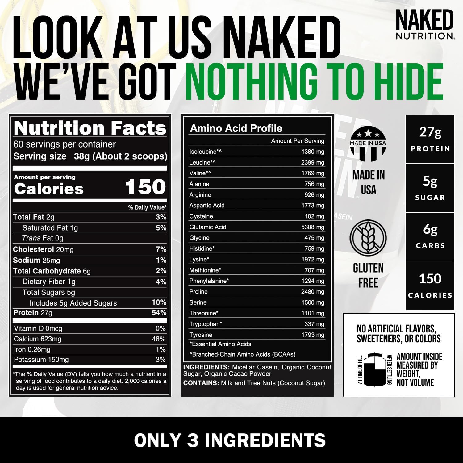 Bulk Naked Chocolate Casein Protein Powder - 5lb Micellar Casein for Muscle Growth & Recovery - GMO, Gluten, Soy, Preservative-Free - 60 Servings