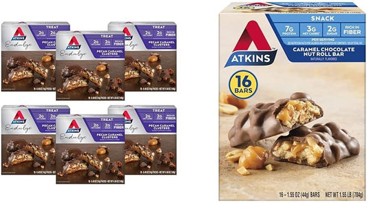 Bulk Pack: 60 Atkins Pecan Caramel Clusters & 16 Caramel Chocolate Nut Roll Snack Bars