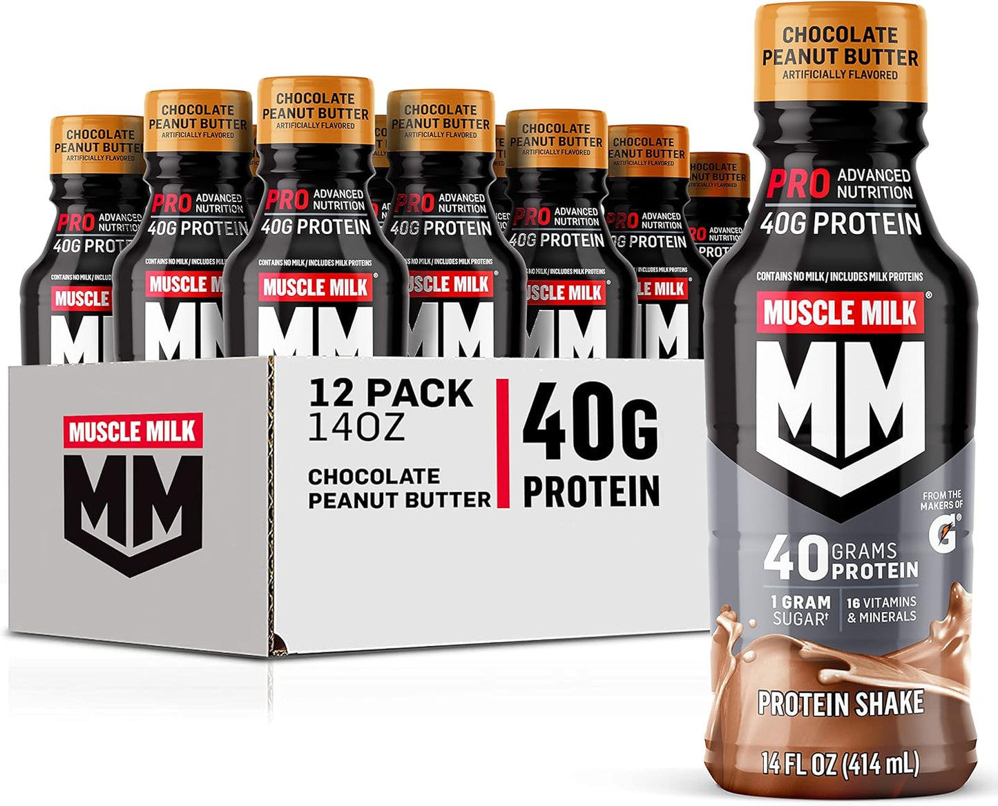 Bulk Pack of 12 Muscle Milk Pro Series Chocolate Peanut Butter Protein Shakes - 40g Protein, 14 Fl Oz