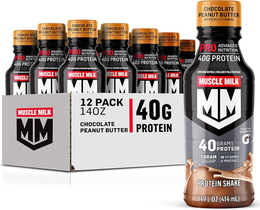 Bulk Pack of 12 Muscle Milk Pro Series Chocolate Peanut Butter Protein Shakes - 40g Protein, 14 Fl Oz