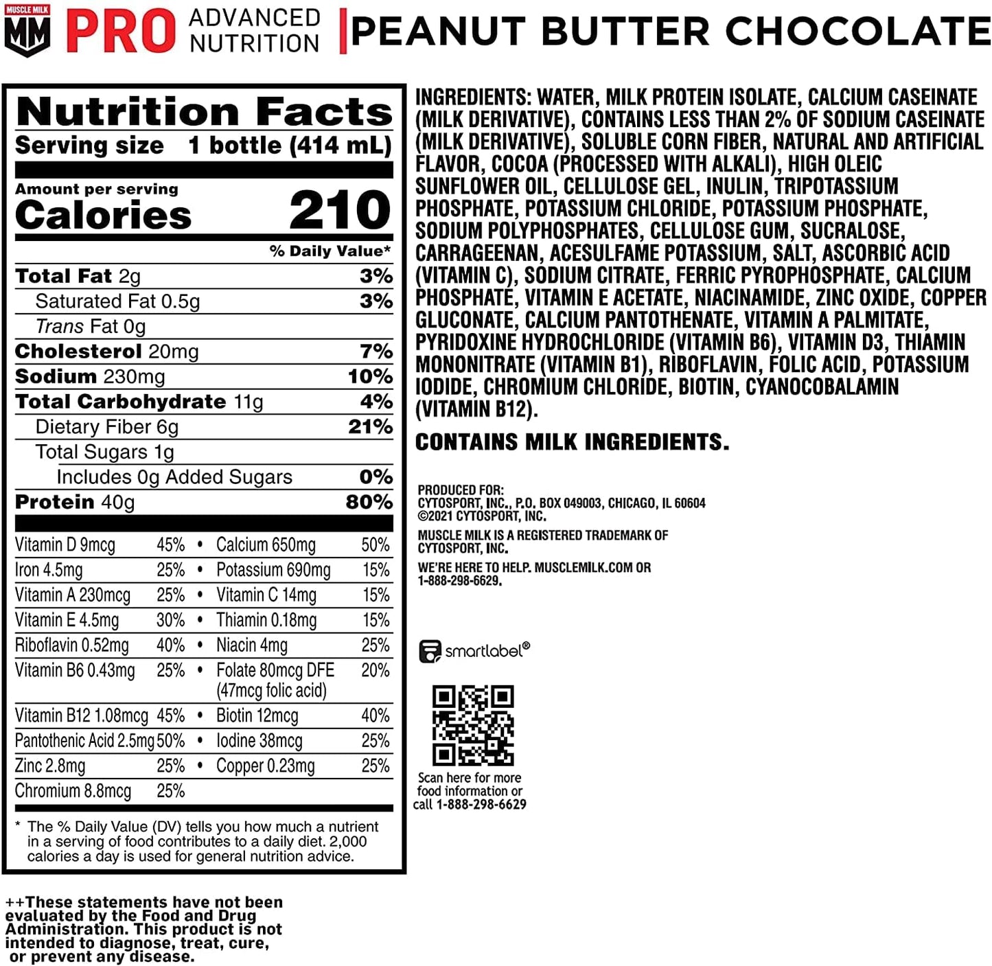 Bulk Pack of 12 Muscle Milk Pro Series Chocolate Peanut Butter Protein Shakes - 40g Protein, 14 Fl Oz