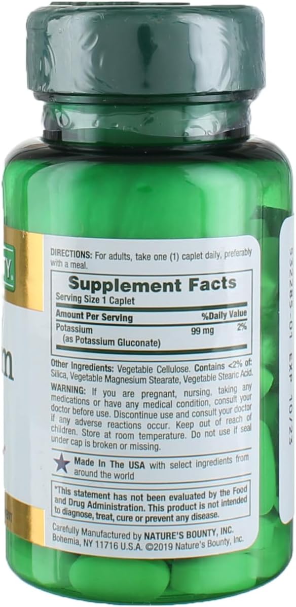 Bulk Pack of 400 Nature's Bounty Potassium Gluconate 99mg Caplets for Heart Health and Muscle Function