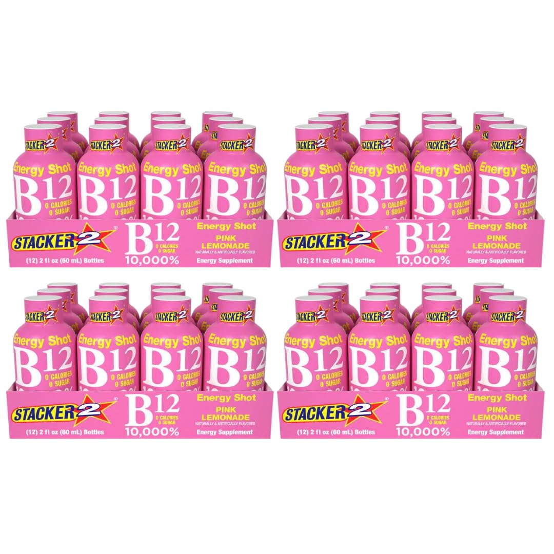 Bulk Pack of 48 Stacker 2 Pink Lemonade B12 Energy Shots - 2oz Each