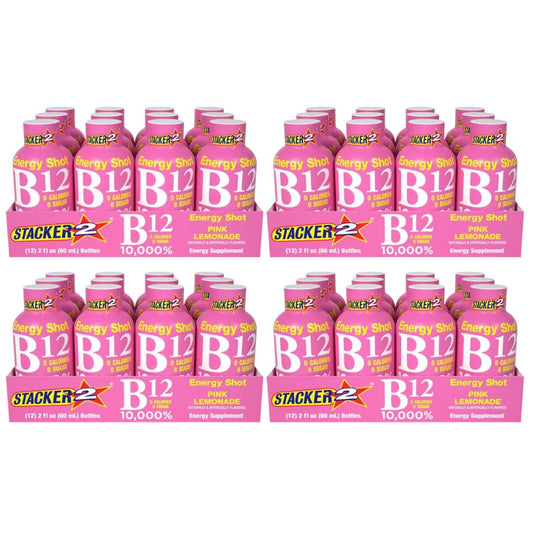 Bulk Pack of 48 Stacker 2 Pink Lemonade B12 Energy Shots - 2oz Each