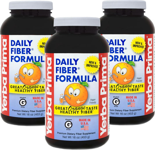 Bulk Pack Yerba Prima Daily Fiber Formula Powder - 16 oz x 3 - Premium USA-Made Non-GMO Gluten-Free Fiber Supplement - Natural Orange Flavor