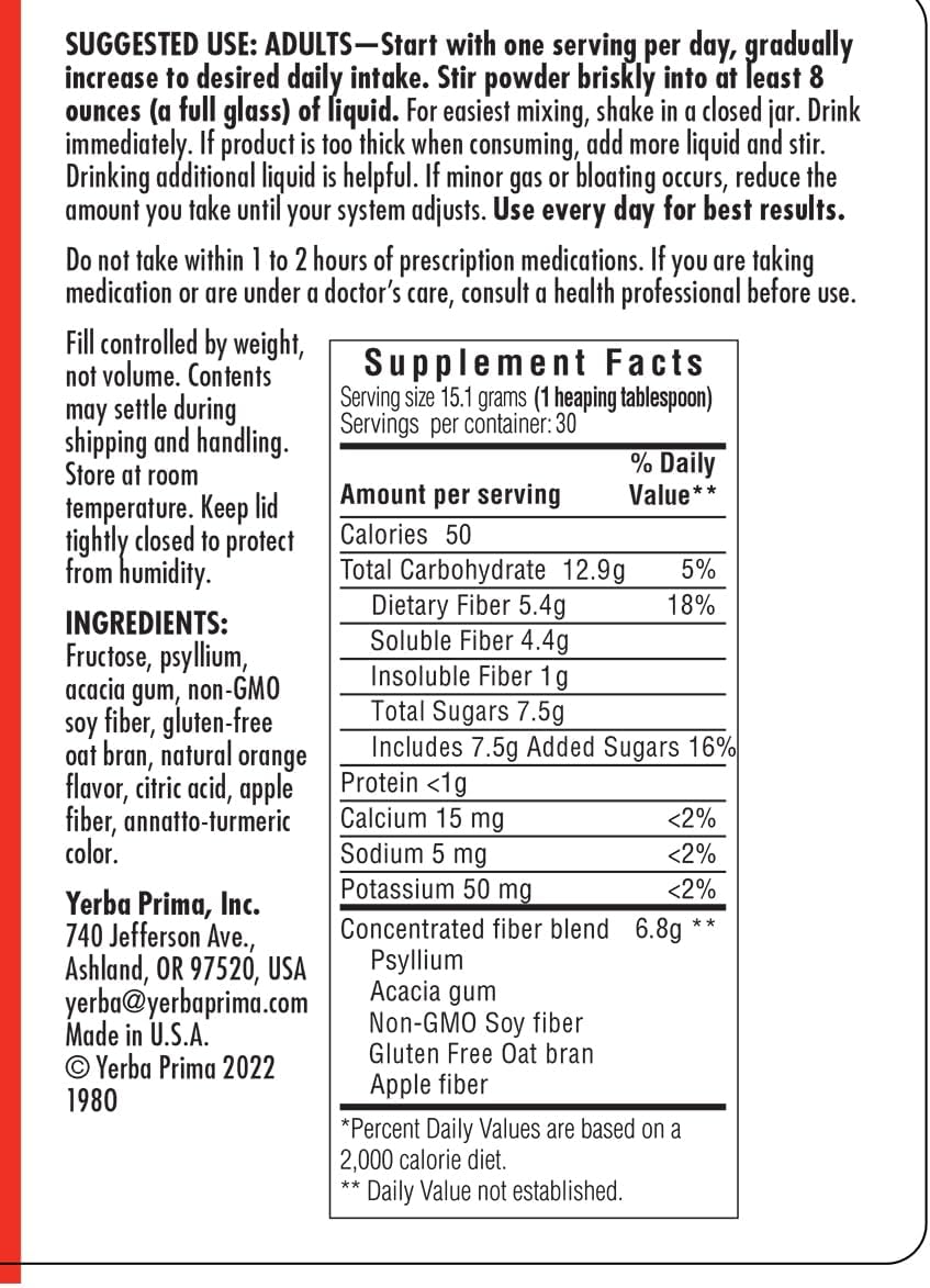 Bulk Pack Yerba Prima Daily Fiber Formula Powder - 16 oz x 3 - Premium USA-Made Non-GMO Gluten-Free Fiber Supplement - Natural Orange Flavor