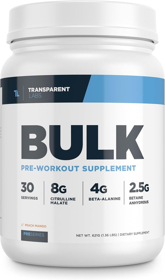 Bulk Pre Workout Powder - Transparent Labs Advanced Formula for Muscle Building and Strength - Peach Mango Flavor, 30 Servings