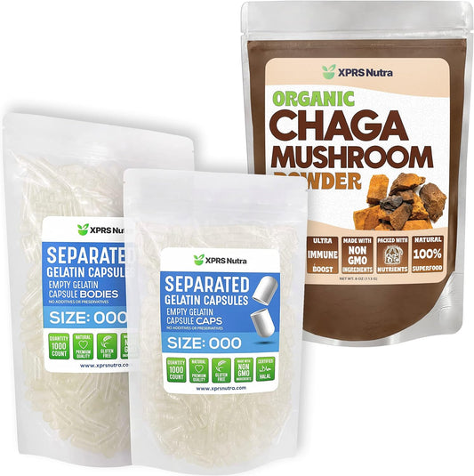 Bulk Size 000 Capsules with 16oz Chaga Powder - XPRS Nutra Combo Pack (1000 Count)