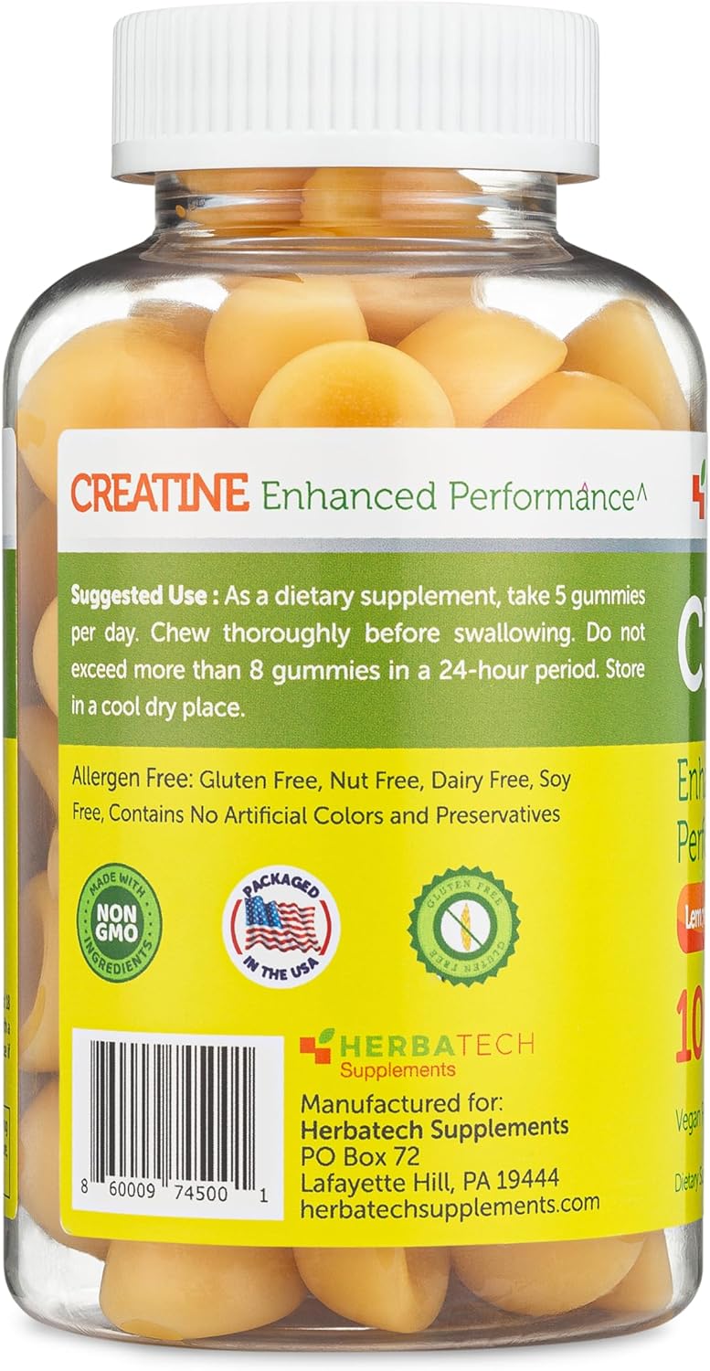 Bulk Size USA-Made Herbatech Creatine Monohydrate Gummies (100 Count, 5,000 mg) for Men and Women - Natural Chewy Supplement