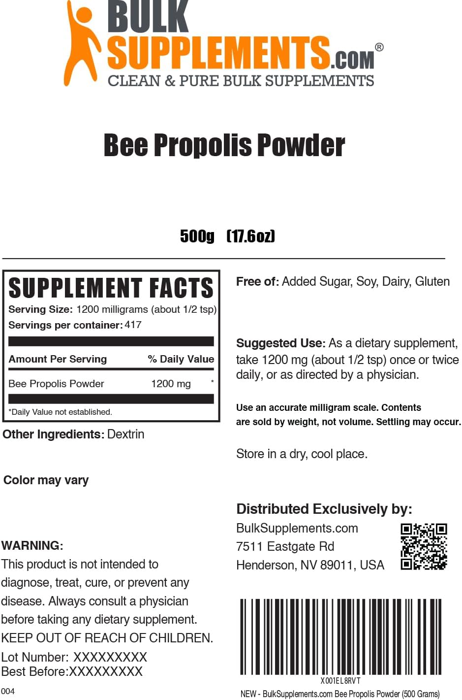 BulkSupplements Bee Propolis Powder - Antioxidant Support Supplement - Gluten Free - 1200mg per Serving, 417 Servings - 500g - 1.1 lbs