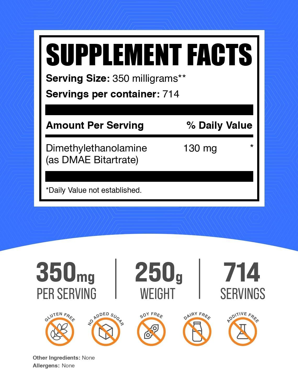 BulkSupplements DMAE Bitartrate Powder - 350mg per Serving, 250g (8.8 oz) - Dimethylaminoethanol Supplement - Gluten Free - Pack of 1