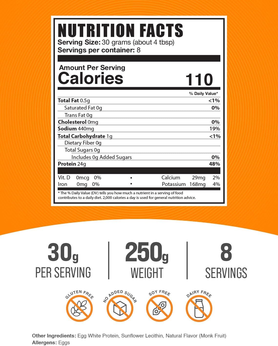 BulkSupplements Egg White Protein Powder - Pure Albumin Powder, Lactose & Dairy Free - Unflavored, Gluten Free - 250g (8.8 oz)