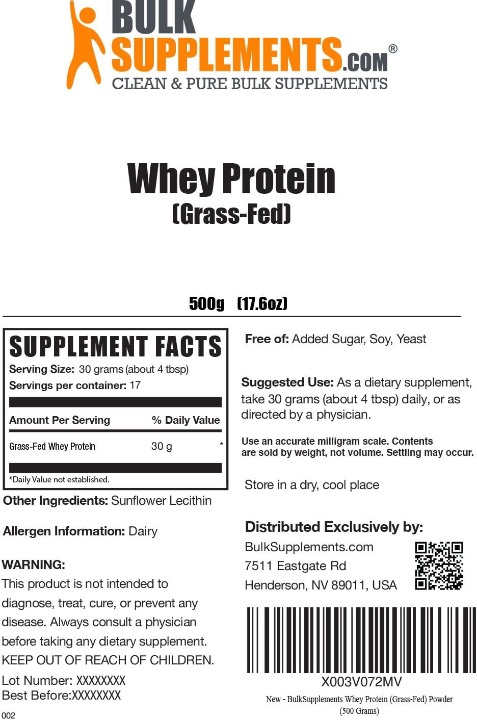 BulkSupplements Grass Fed Whey Protein Powder - 500g Unflavored Whey Protein Concentrate - Gluten Free, 30g per Serving