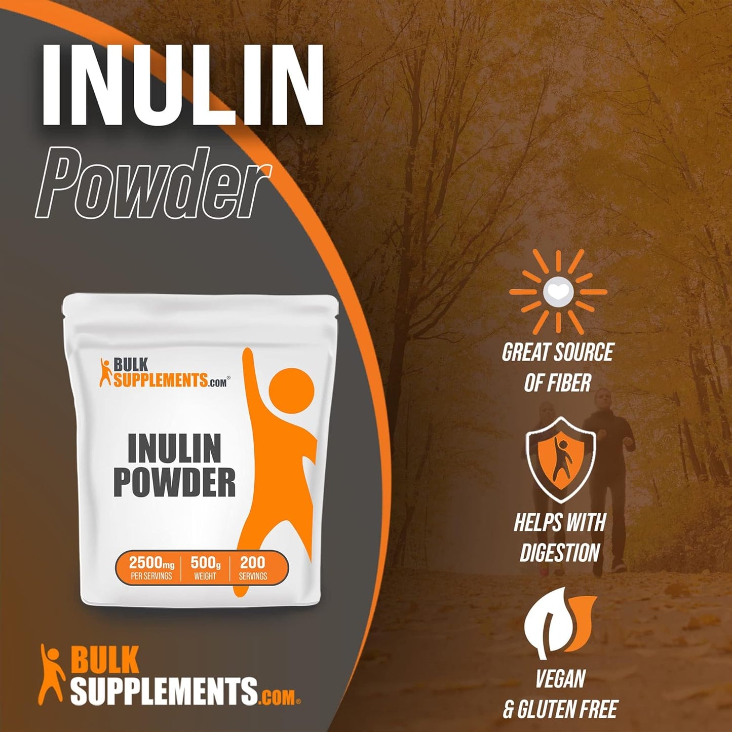BulkSupplements Inulin Powder - 500g (1.1 lbs) Soluble Fiber Supplement - Vegan & Gluten-Free - 2500mg per Serving