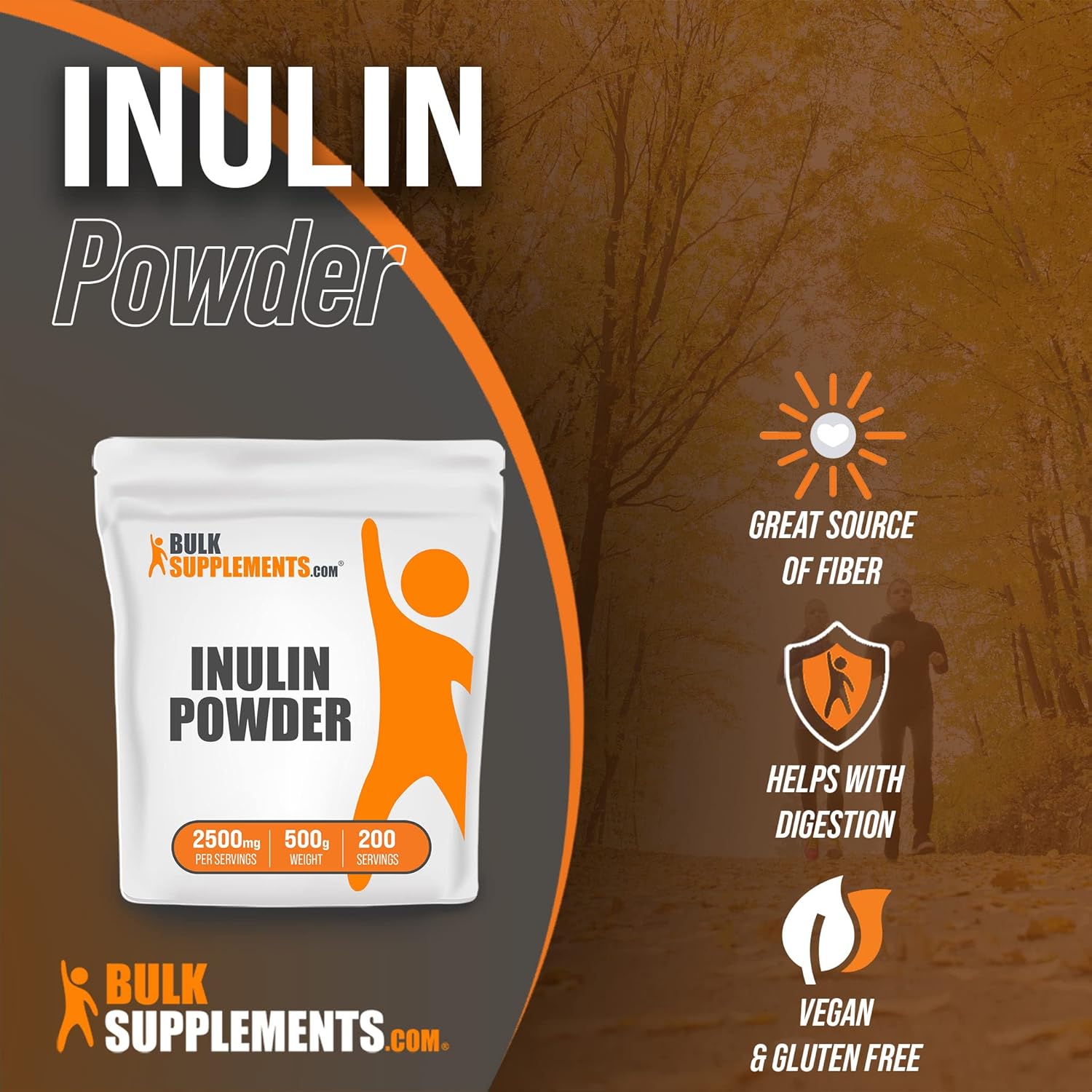 BulkSupplements Inulin Powder - 500g (1.1 lbs) Soluble Fiber Supplement - Vegan & Gluten-Free - 2500mg per Serving