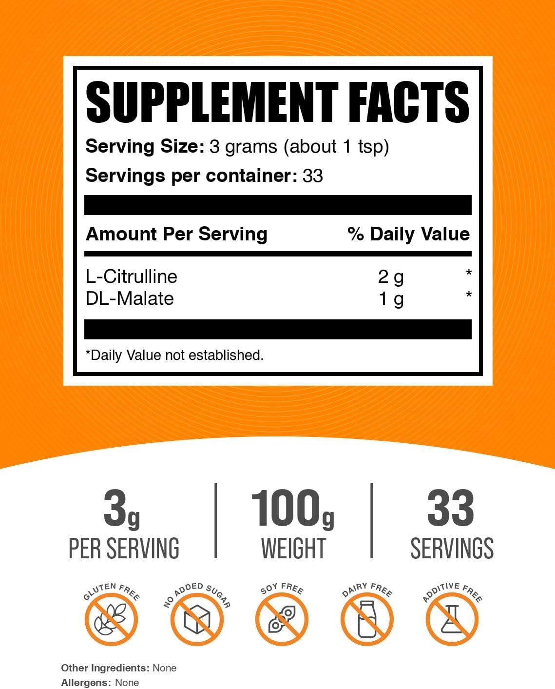 BulkSupplements L-Citrulline Malate 2:1 Powder - Citrulline Malate Supplement - Unflavored & Gluten Free - 100g (3.5 oz) - Pack of 1 - 3g per Serving