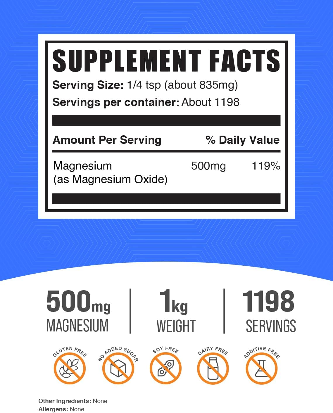 BulkSupplements Magnesium Oxide Powder - 500mg Magnesium, Gluten Free Supplement - 835mg Per Serving, 1kg Pack