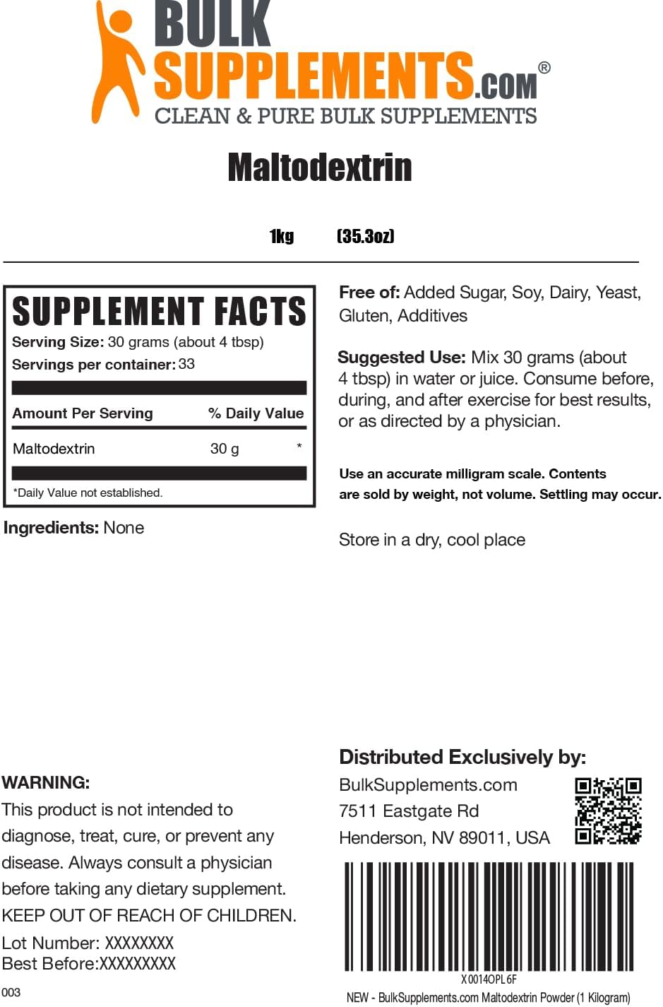 BulkSupplements Maltodextrin Powder - Energy Boost Supplement, Food Grade, Unflavored & Gluten Free - 1kg (2.2 lbs) Pack of 1