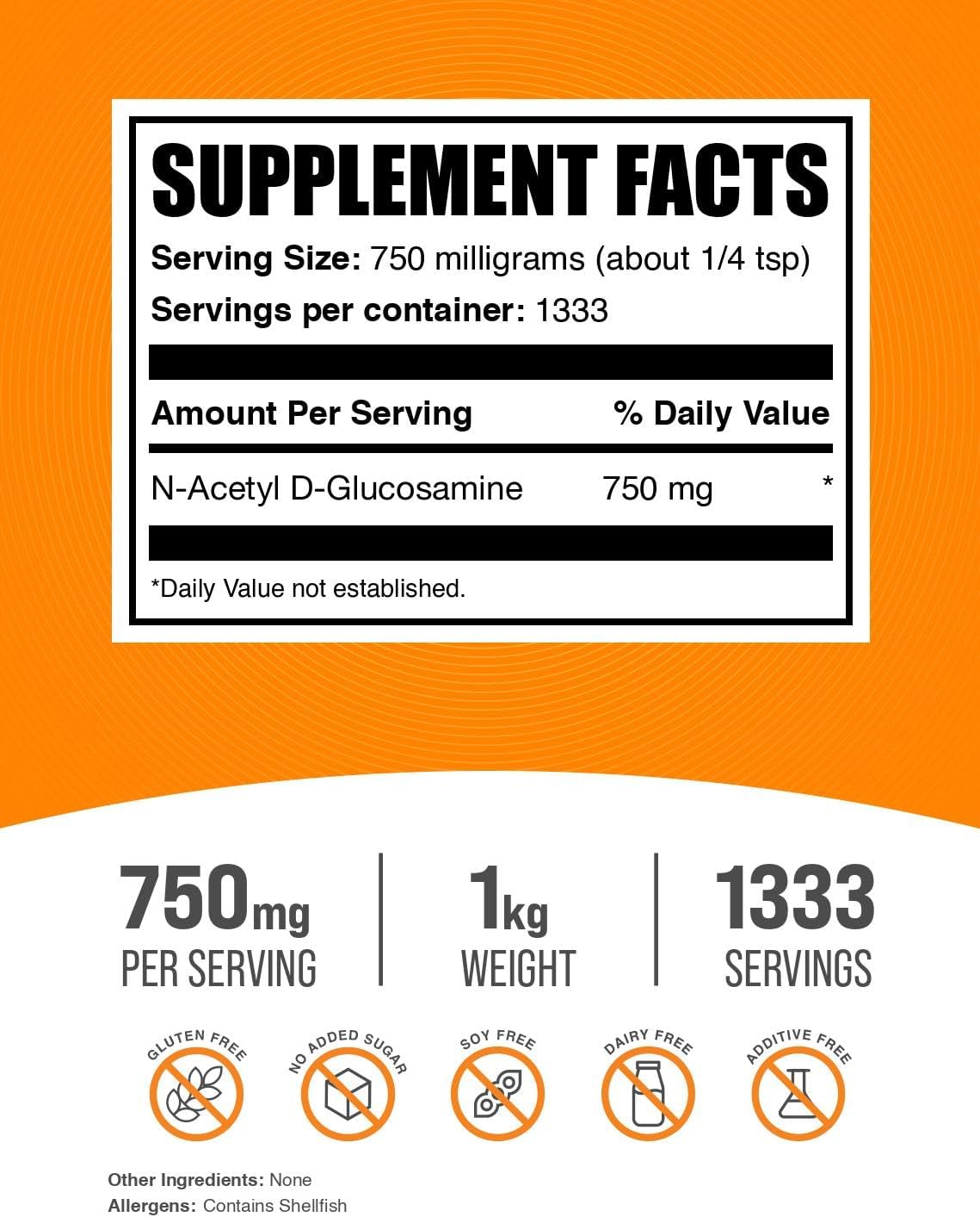 BulkSupplements N-Acetyl Glucosamine Powder - 750mg Glucosamine Supplement, Gluten-Free - 1kg (2.2 lbs) Pack of 1