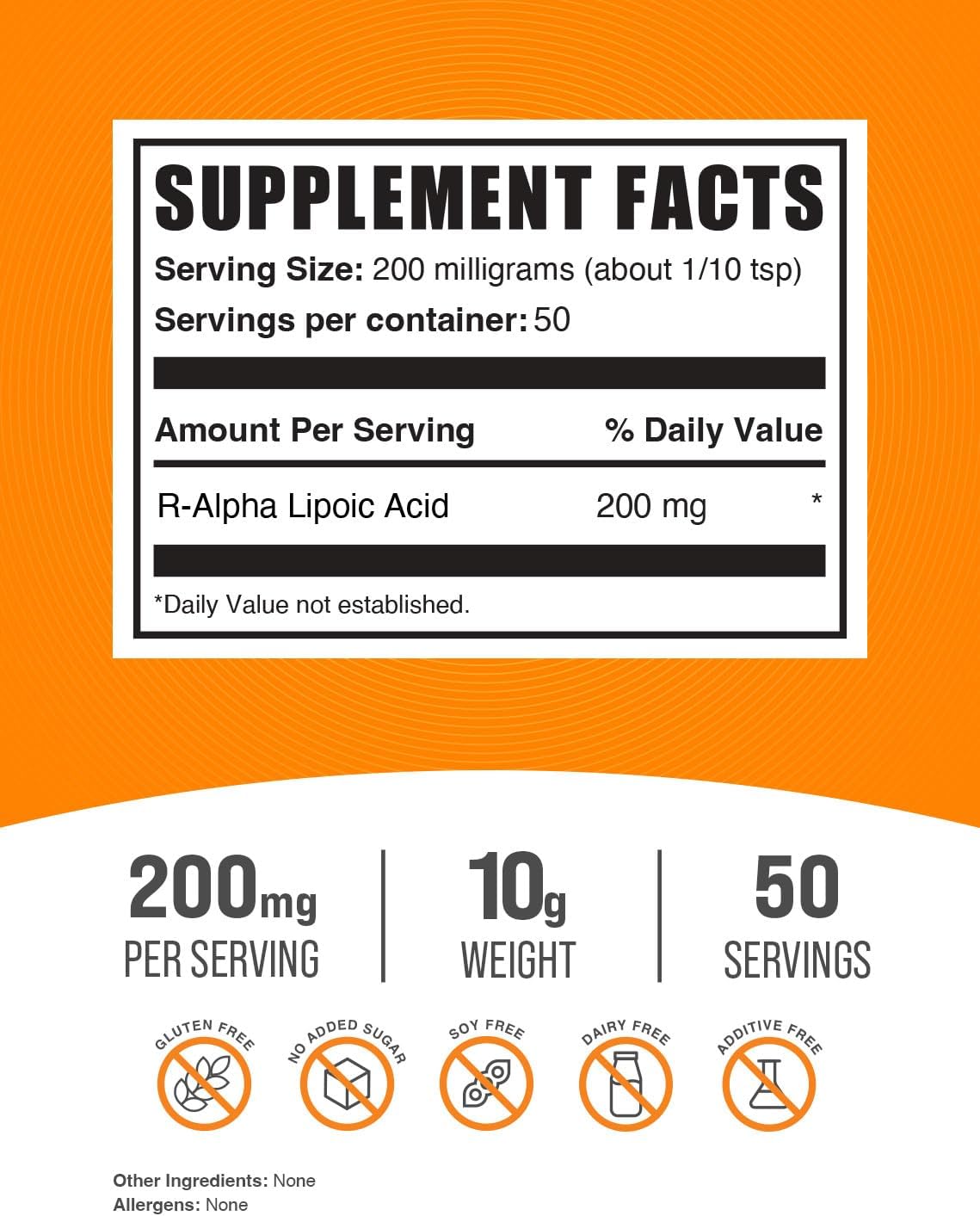 BulkSupplements R-Alpha Lipoic Acid Powder 200mg - Antioxidant Supplement, Gluten Free, 10g (0.35 oz) - Pack of 1