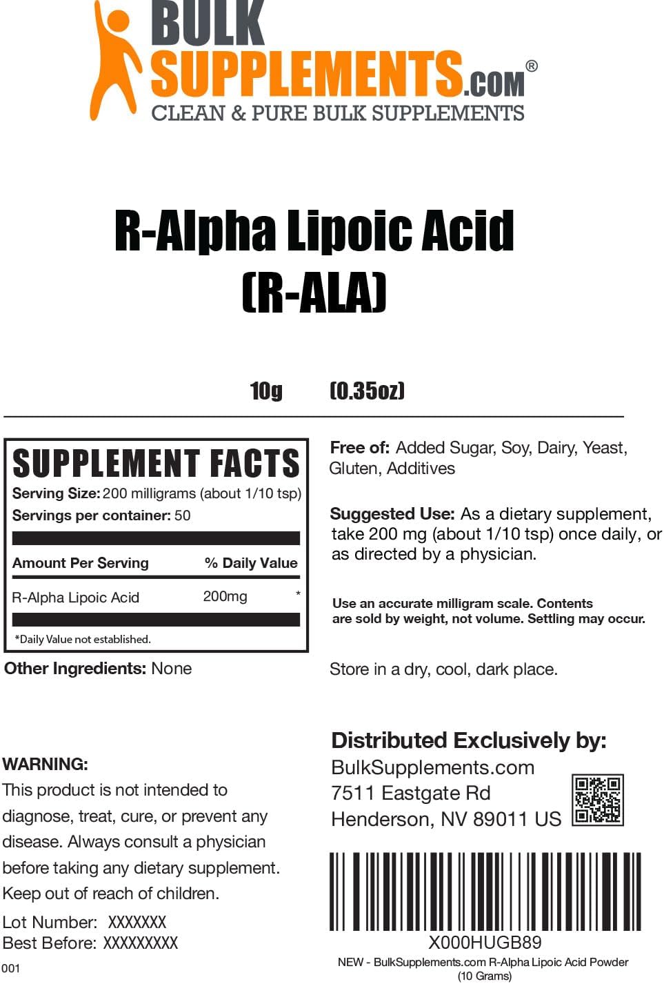 BulkSupplements R-Alpha Lipoic Acid Powder 200mg - Antioxidant Supplement, Gluten Free, 10g (0.35 oz) - Pack of 1
