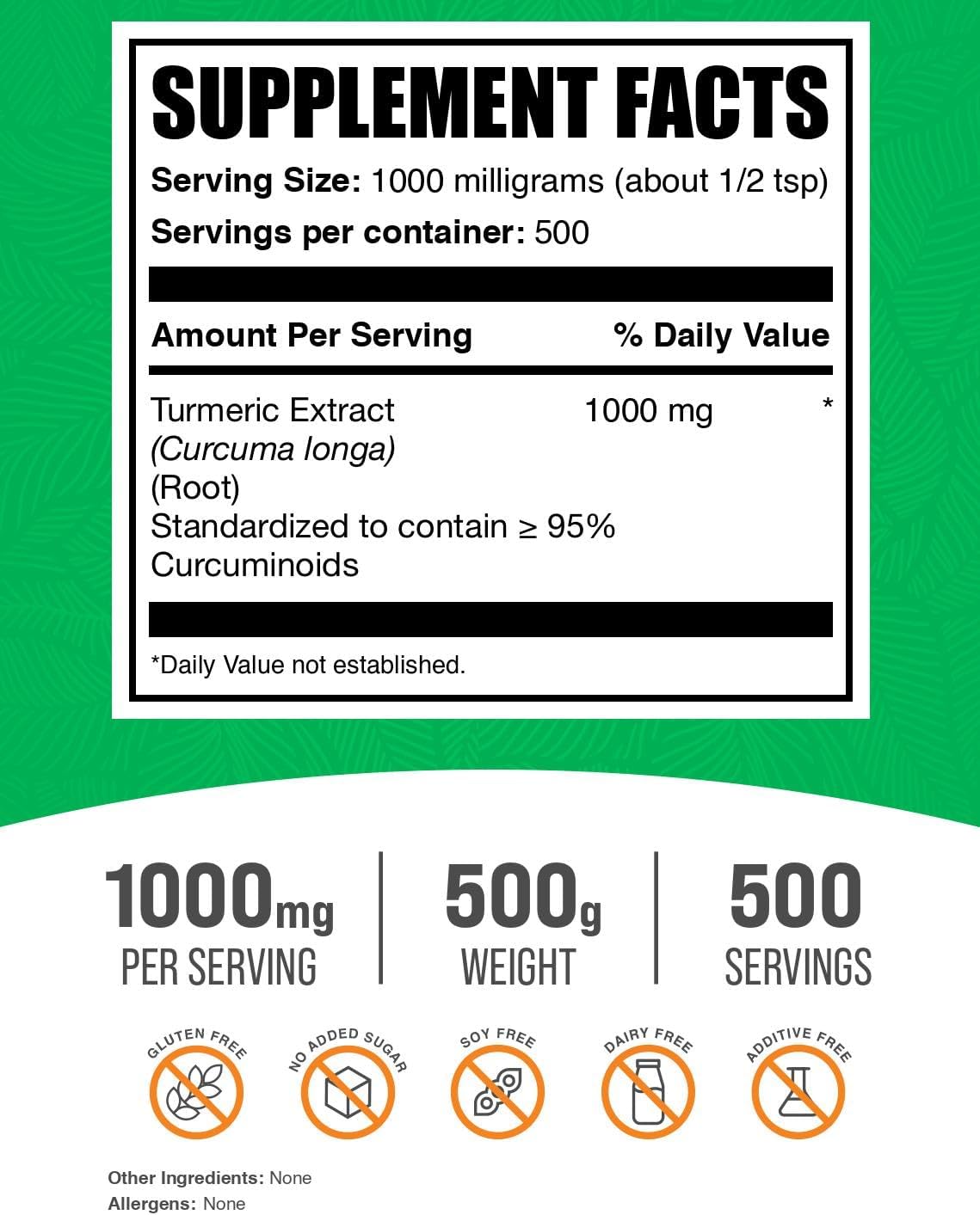 BulkSupplements Turmeric Extract Powder - 1000mg Curcumin Supplements, Gluten-Free, 500g (1.1 lbs) - 1 Pack