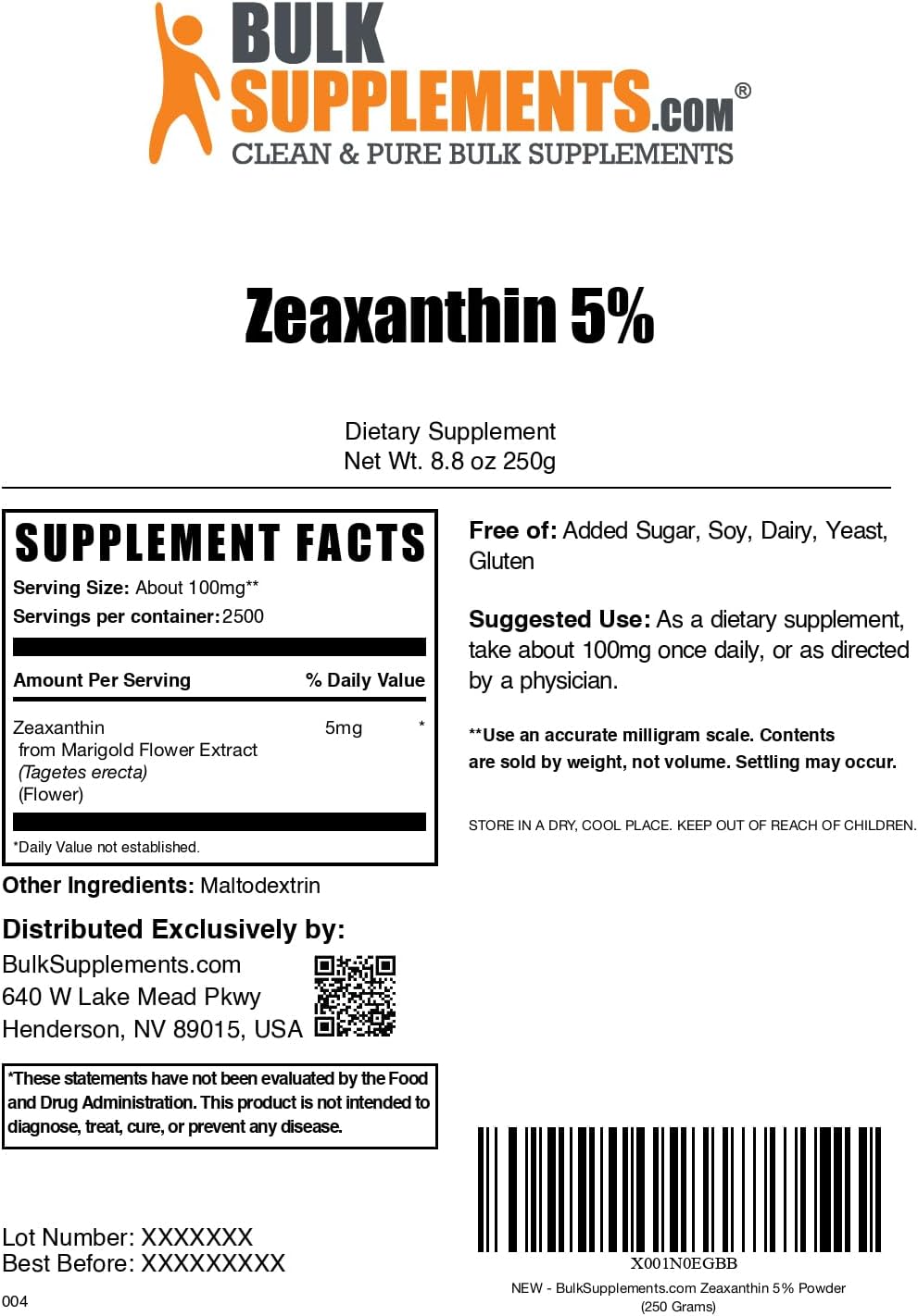 BulkSupplements Zeaxanthin Powder - Marigold Flower Extract Supplement - Gluten Free, 100mg (5mg Zeaxanthin) per Serving, 250g (8.8 oz) Pack