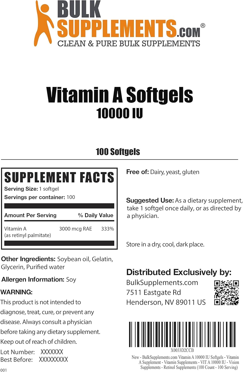 BulkSupplements.com 10000 IU Vitamin A Softgels - Retinyl Palmitate Supplement for Eyes, Gluten Free, 100 Softgels