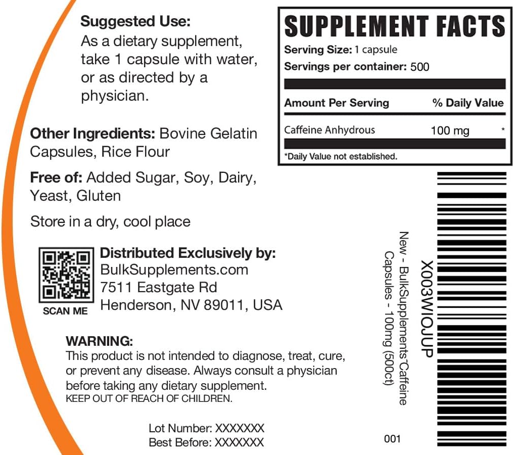 BulkSupplements.com 100mg Caffeine Capsules - Energy Support Supplement with 500 Capsules in a Pack of 1