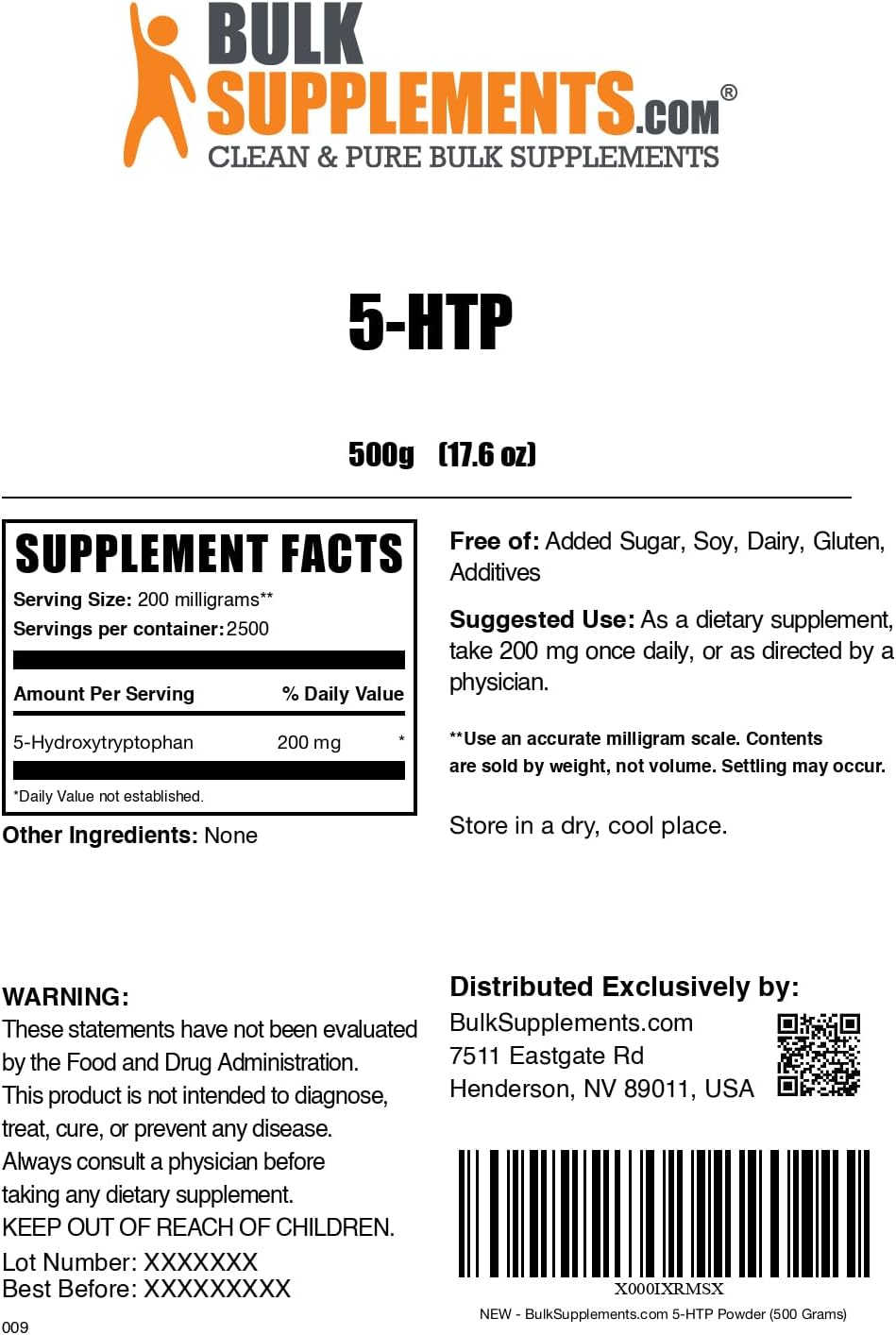 BulkSupplements.com 5-HTP Powder - 200mg Mood Support Supplement - Gluten Free - 500g Pack